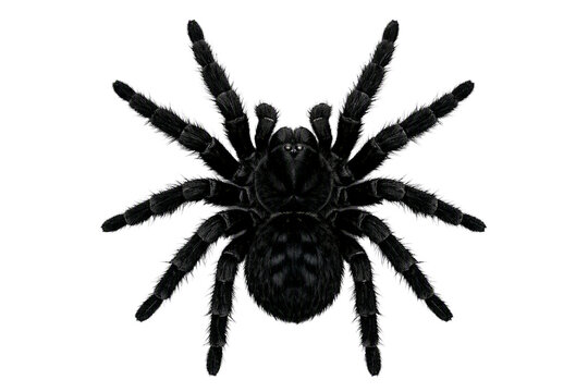 Black tarantula spider isolated PNG, large hairy black spider overhead view on transparent background, scary halloween bug element