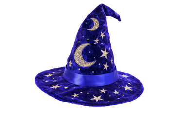 Blue wizard hat isolated PNG, velvet pointed magic hat with golden moon and stars on transparent background, halloween costume accessory © Bright Stock
