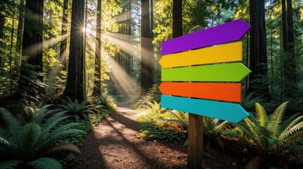 Obraz premium Colorful wooden signpost stands on dirt path in sunny forest. Multiple bright arrows point different ways among tall redwood trees, green ferns. Sun rays shine through woods, showing way for hiking,