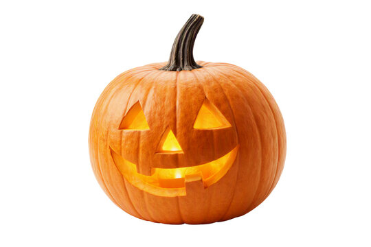 Halloween carved pumpkin isolated PNG, happy glowing jack o lantern face on transparent background, spooky holiday decoration element