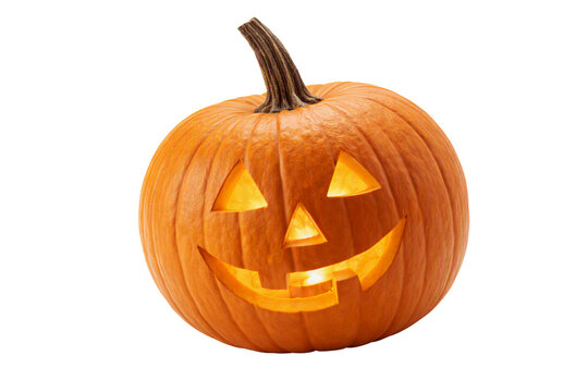 Jack o lantern pumpkin isolated PNG, glowing smiling carved halloween pumpkin on transparent background, festive autumn holiday decoration