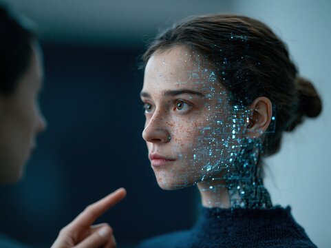 Humanoid woman's face with glowing circuit patterns