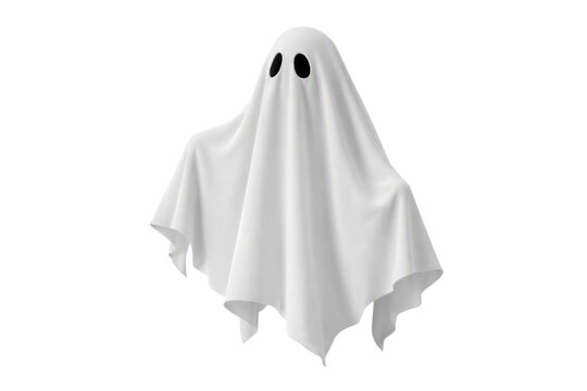 Floating white sheet ghost isolated PNG, spooky draped cloth phantom figure on transparent background, halloween horror character