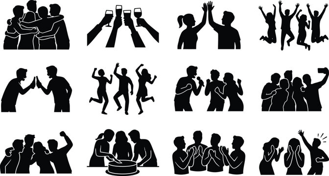 Set of black silhouettes of people celebrating and having fun at a party or celebration