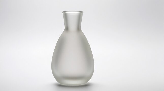 Frosted glass vase sits on clean white surface. Minimalist carafe vessel offers smooth texture. Elegant object for modern home decor and interior design.