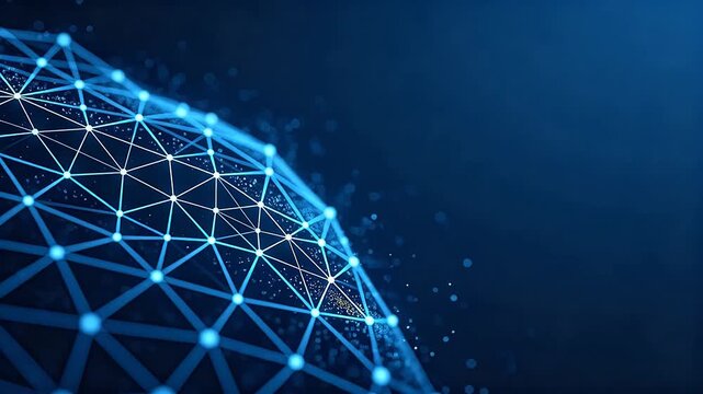 Blue glowing spherical mesh network with nodes on dark background