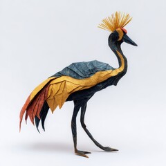 Fototapeta premium Intricate Paper Origami Grey Crowned Crane Sculpture On A Clean White Background High Detail