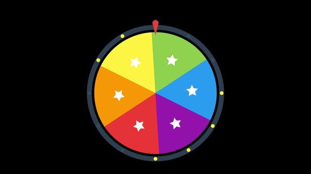 Colorful spinning prize wheel with white stars against a black background