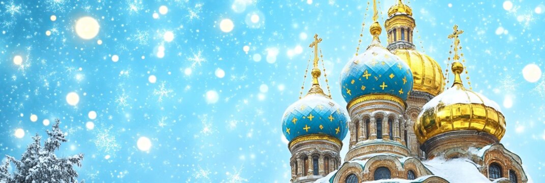 Orthodox church domes with golden crosses covered in winter snow against a festive bokeh background.