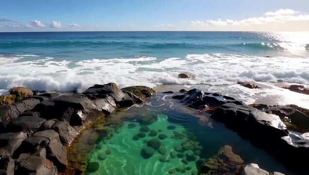 Clear tidal rock pools and crashing Atlantic ocean waves along rugged Kilkee cliffs in Ireland.