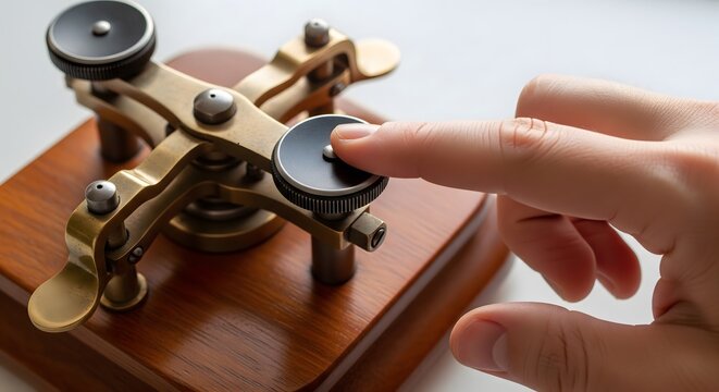 Person using a vintage brass telegraph key to send morse code signals