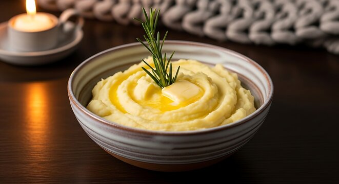 A bowl of creamy mashed potatoes topped with melted butter and fresh rosemary sprig served on a wooden table