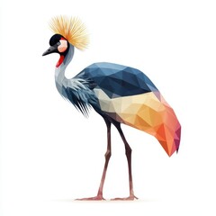 Fototapeta premium Low Poly Geometric Grey Crowned Crane Bird Illustration On A Clean White Background