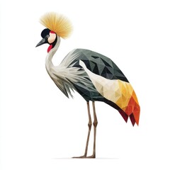 Fototapeta premium Low Poly Geometric Illustration Of A Crowned Crane With Vibrant Crest Standing On White Background