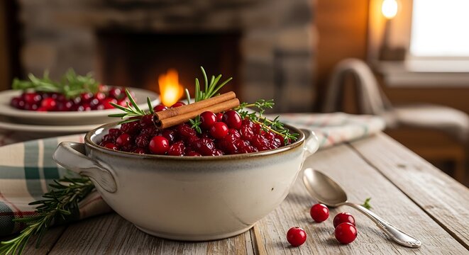A ceramic bowl filled with fresh festive cranberry sauce garnished with cinnamon sticks and rosemary sprigs on a rustic wooden table