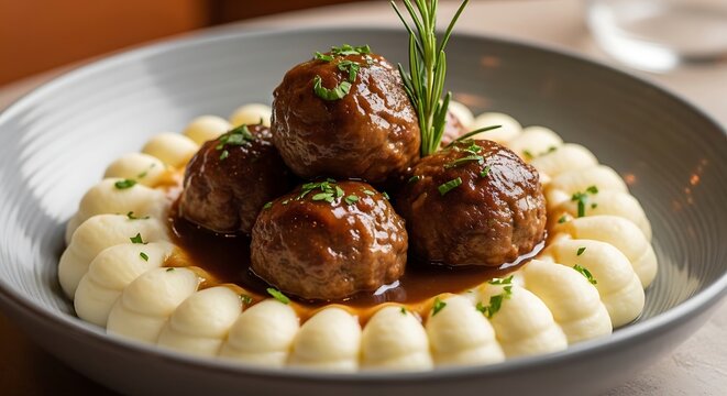 Delicious homemade meatballs served with creamy mashed potatoes and brown gravy in a ceramic bowl