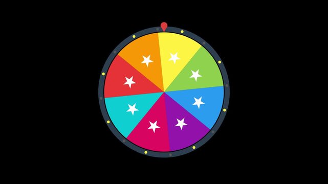 Colorful spinning prize wheel with white stars on a dark background