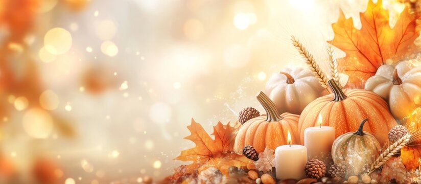 Autumn harvest pumpkins and candles creating warm atmosphere, banner, copy space