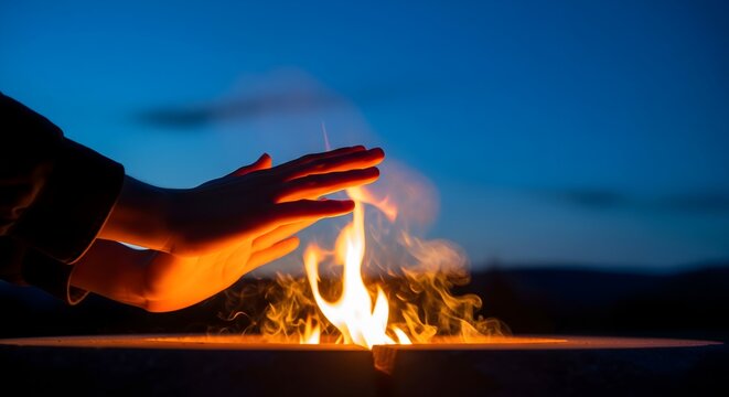 Person warming hands over a glowing outdoor fire pit at night twilight