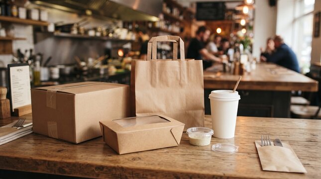 Takeaway food packaging set with paper bag and containers on a restaurant table