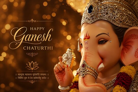 Beautiful Ganpati Bappa Ekdant Idol Celebrating Vinayak Ganesh Chaturthi with Sacred Flowers, Modak, Festive Decorations and Traditional Hindu Spiritual Devotion