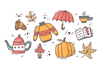 Fototapeta premium Hello autumn elements collection, cute hand drawn seasonal objects. Vector illustration in doodle style