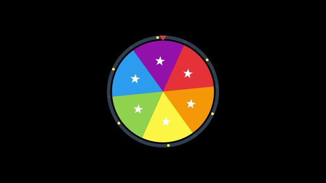 Colorful spinning prize wheel with white stars and pointer against black background