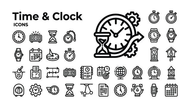 Time & Clock Icons Collection: A comprehensive set of line art icons representing various timekeeping devices and concepts, including clocks, watches, hourglasses, and calendars.