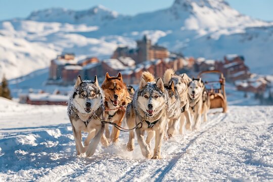Sled dog team of siberian huskies running on snow with mountain background
