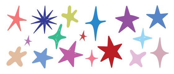 Fototapeta premium Colorful hand drawn stars and sparkles vector doodle set. Sketchy starbursts, 4 point stars, and retro star shapes isolated on white background. Vector illustration.