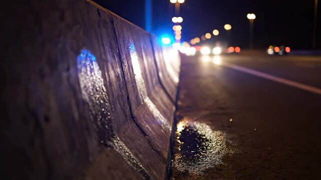 Emergency lights flashing barrier close-up beside wet city traffic at night, built for accident response, temporary lane closure, hazard control, roadside safety, and insurance claim context
