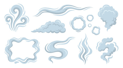 Fototapeta premium Set of steam and smoke elements with flowing vapor swirls, clouds, and rings, ideal for game design and atmospheric environmental effects