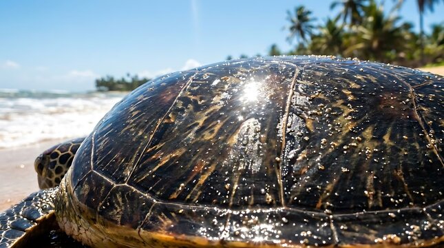 Macro shot of sea turtle shell on sandy beach.