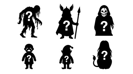 Obraz premium Set of silhouettes of mystery characters featuring question marks, isolated game icons, fantasy figures, riddle, secret identity, guessing game