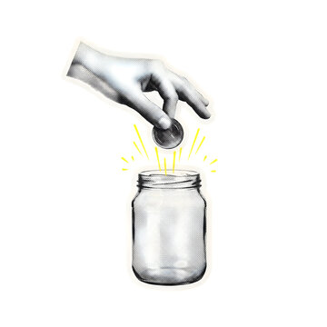 Hand dropping coin into glass jar illustration featuring vintage halftone engraving style with yellow glowing light effects isolated as a professional graphic asset on transparent background