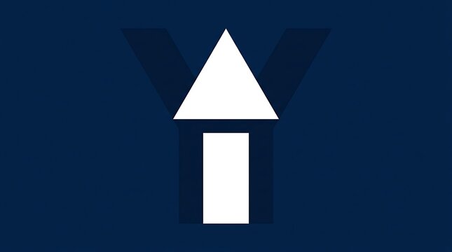 Minimalist geometric arrow icon, white upward direction symbol on dark blue background, modern abstract graphic for growth and success