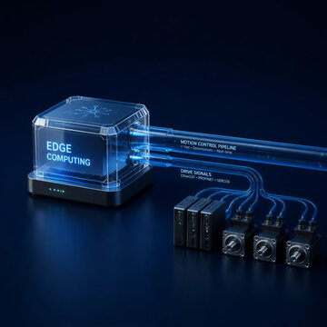 3D industrial edge computing concept, translucent edge server processor with glowing ultra-low latency signal pipelines on dark background with copy space