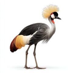 Obraz premium Majestic Grey Crowned Crane Standing Isolated On White Background With Golden Plumage Head Feathers