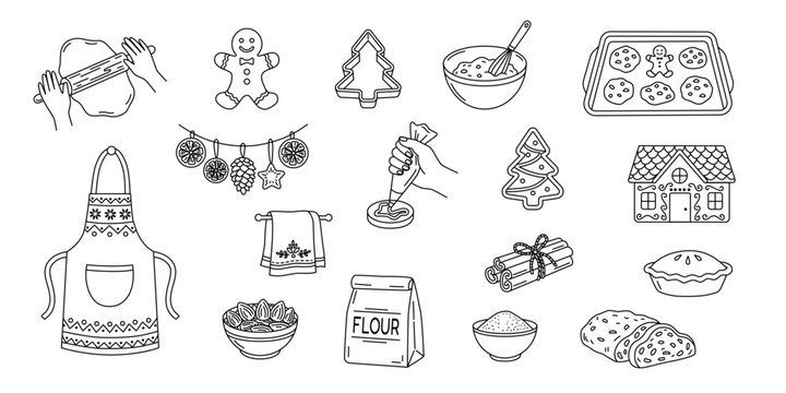 Christmas winter baking line art icons set. Black and white vector collection of gingerbread man, rolling pin, cookie cutter, baking sheet, flour, and cinnamon sticks