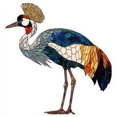 Fototapeta premium Mosaic Art Depicting A Majestic Grey Crowned Crane With Intricate Colorful Glass Patterns On White