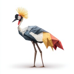 Fototapeta premium Origami Paper Art Of A Crowned Crane With Golden Crest And Multi Color Wings Isolated On White