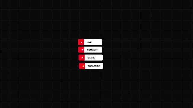 Graphic user interface elements with like, comment, share, and subscribe buttons on a dark grid background