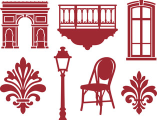 Set of parisian architectural and decorative in dark red including an arch, balcony, window, chair, and fleur de lis on white © MdShareful