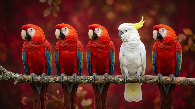 Unique White Cockatoo Among Red Macaws on Branch - Individuality Concept