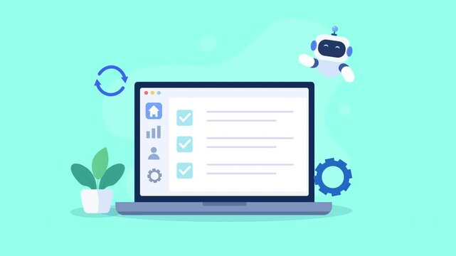 Animated video showing a laptop with a digital task checklist, surrounded by synchronization, settings, and workflow icons on a bright turquoise background.