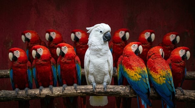 Unique white cockatoo standing out from group of red macaws