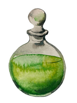 Hand-painted watercolor illustration of a green magical potion in a glass bottle with a cork stopper, isolated on a transparent background