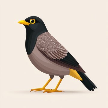 Pixel Art Illustration Of A Common Myna Bird With Yellow Beak And Feet Standing On Plain Background