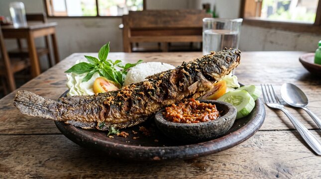 Crispy Indonesian lele penyet with catfish, sambal, rice and fresh vegetables, designed for casual restaurant menus, food advertising, culinary media and lunch campaigns.