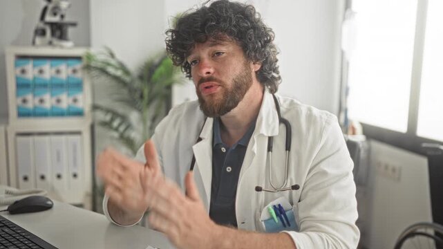 Man doctor wearing stethoscope places hand on chest and gestures while speaking in office building; concern patient care.